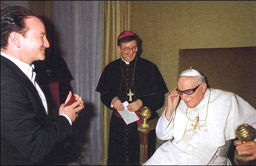 Pope John Paul II wearing Bono's sunglasses